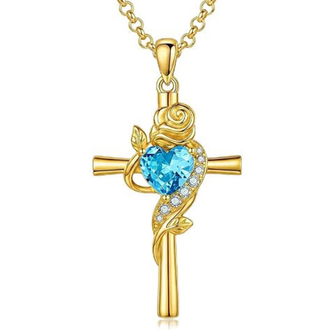 14K Gold Plated Birthstone Rose Cross Necklace for Women Faith Jewelry Gift