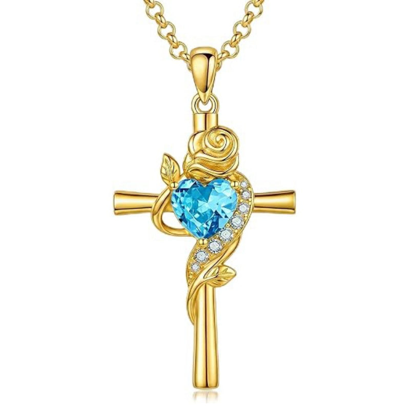 14K Gold Plated Birthstone Rose Cross Necklace for Women Faith Jewelry Gift