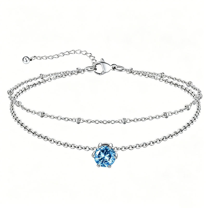 Sterling Silver  Round Birthstone Double Layer Charm Anklet