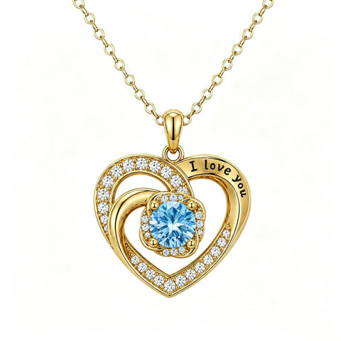 14K Gold Plated  Birthstone Heart Pendant  Necklace for Women Engraved with  I Love You