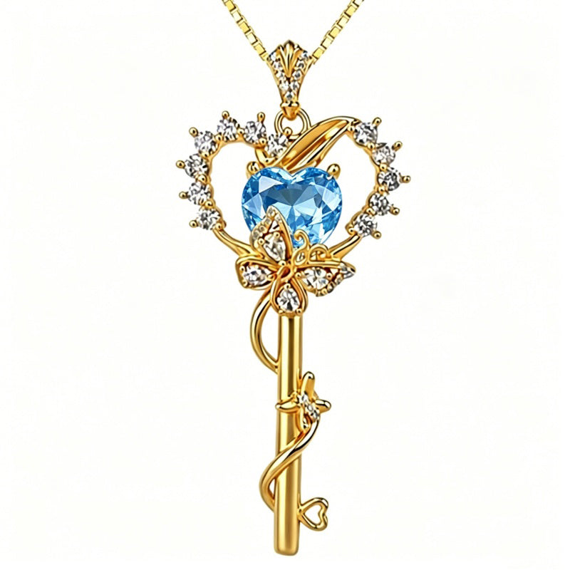 Birthstone Infinity Heart 14K Gold Plated Butterfly Key Pendant Necklace Gift for Her