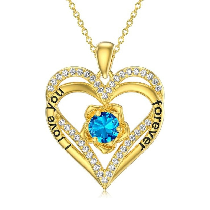 14K Gold Plated  Birthstone Rose Flower Pendant Necklace Birthday Wedding Anniversary Jewelry Gifts for Women