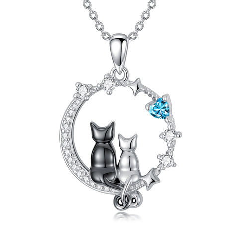Sterling Silver Cubic Zirconia Two Cats Pendant Necklace