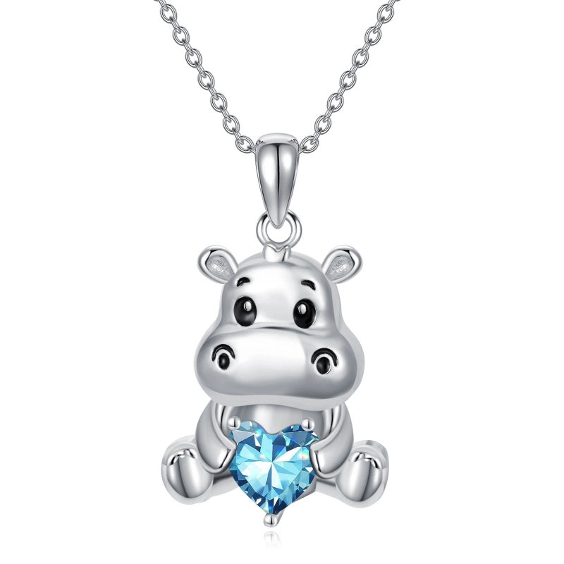 Sterling Silver Birthstone Hippo Pendant Necklace Birthday Christmas Gift
