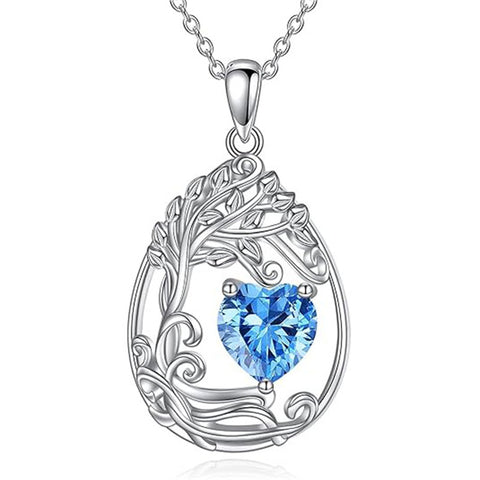 Sterling Silver Birthstone Teardrop Tree of Life Pendant Necklace