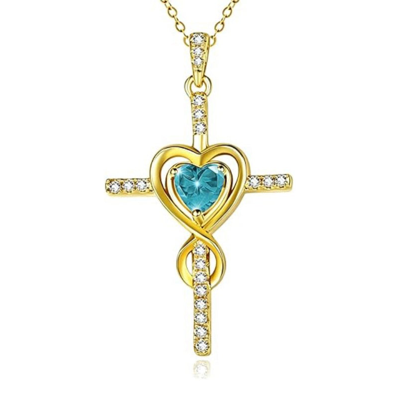 14K Gold Plated Dainty Heart Birthstone Pendant Cross Necklace for Women Religious Gift