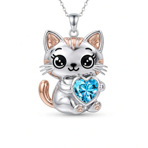 Sterling Silver 12 Month Birthstone Cat Pendant Necklace Birthstone Jewelry Gifts for Birthday
