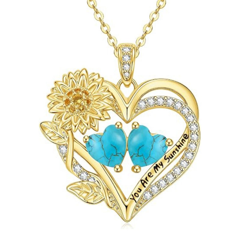 14K Gold  Plated Double Birthstone Heart Sunflower Necklace for Women