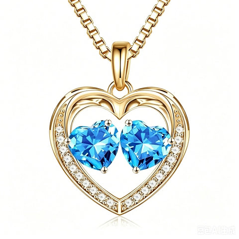 14K Gold Plated Double Heart Birthstone Necklace Anniversary Birthday Gifts for Women