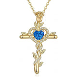 14K Gold Plated Heart Birthstone Rose Cross  Pendant Necklace  Religious Christian Jewelry for Women