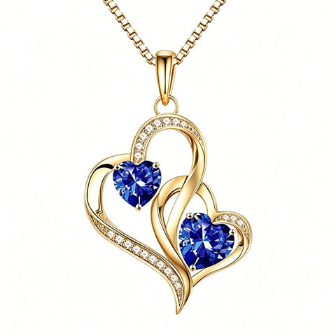 14K Gold Plated Double Heart Birthstone Necklace Anniversary Birthday Gifts