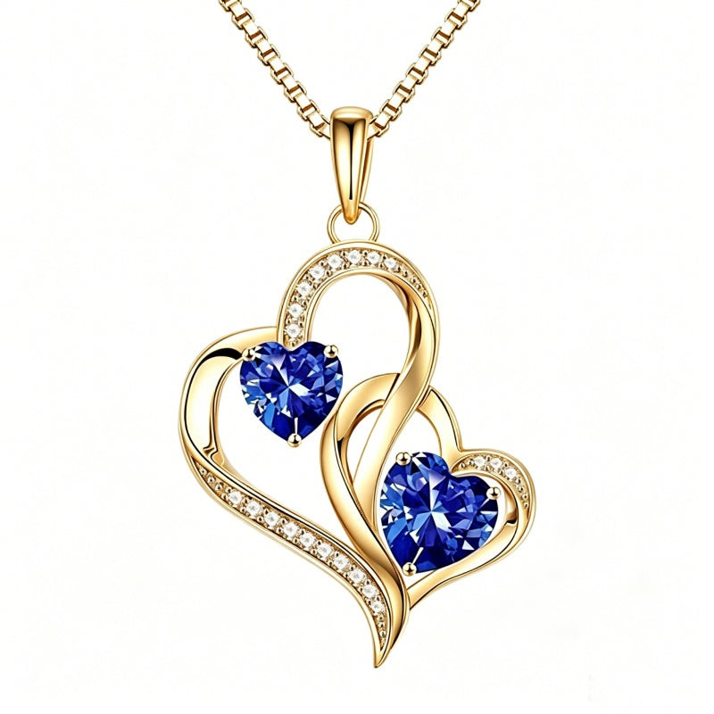 14K Gold Plated Double Heart Birthstone Necklace Anniversary Birthday Gifts