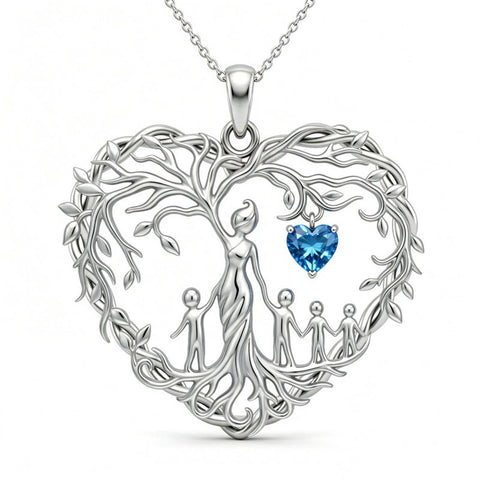 Sterling Silver Heart Pendant Birthstone Tree of Life Mother Child Family Necklace