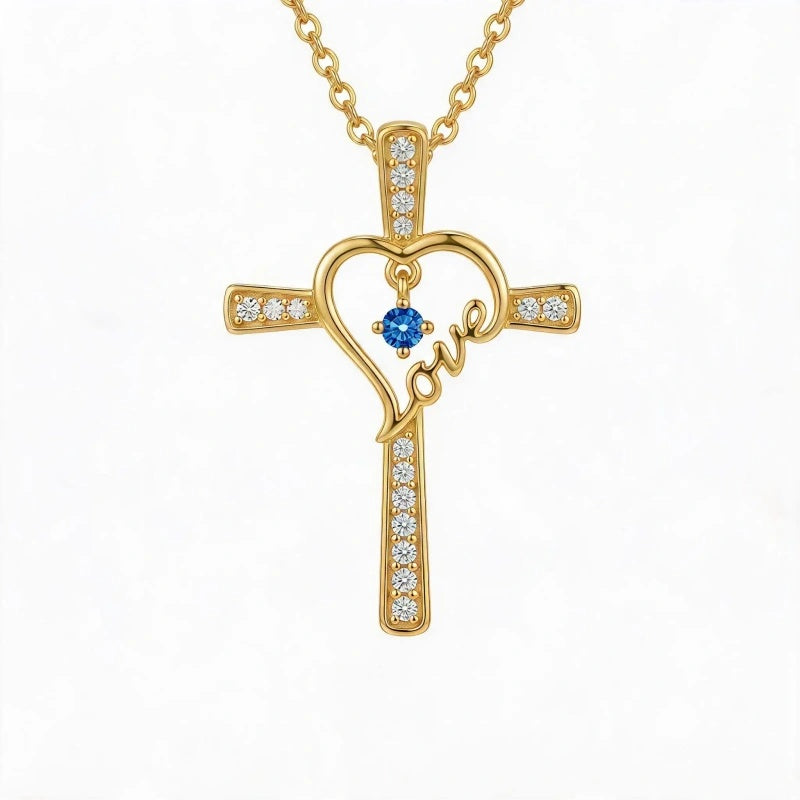 14K Gold Plated  Birthstone  LOVE Heart Cross Necklace for Women Faith Jewelry