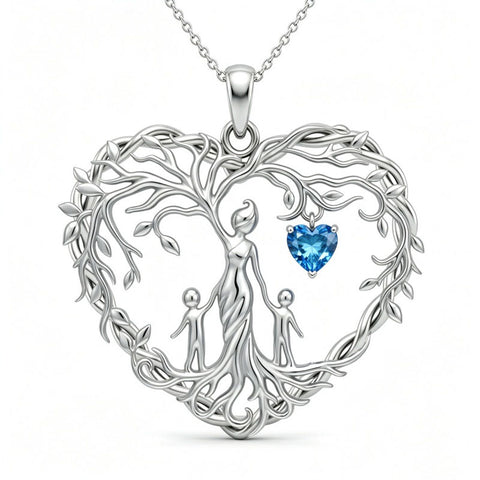 Sterling Silver Heart Pendant Birthstone Tree of Life Mother Child Family Necklace