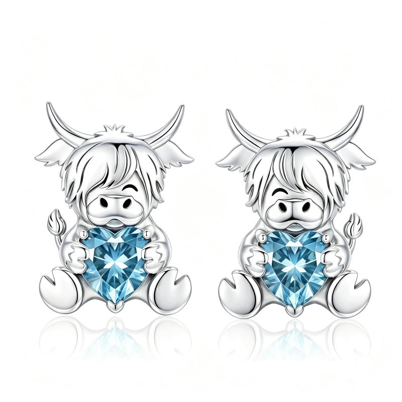 Sterling Silver 12 Month Birthstone Highland Cow Stud Earrings Christmas Gift