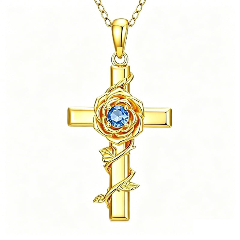 Birthstone Cross 14K Gold Plated Pendant Rose Cross Necklace for Women