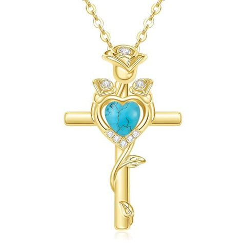 14K Gold Plated Birthstone Rose Cross Necklace for Women Faith Jewelry Gift