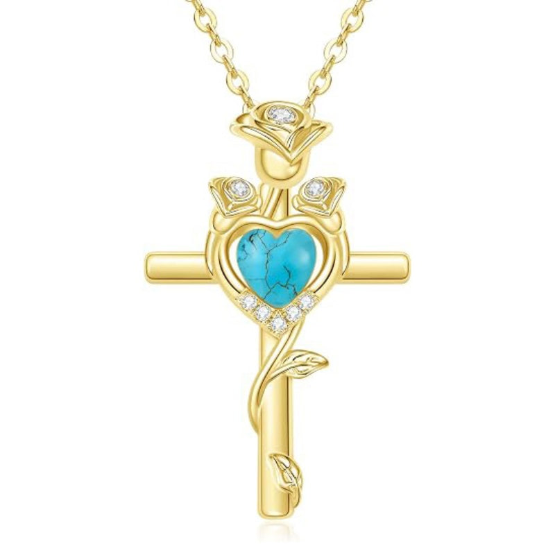 14K Gold Plated Birthstone Rose Cross Necklace for Women Faith Jewelry Gift
