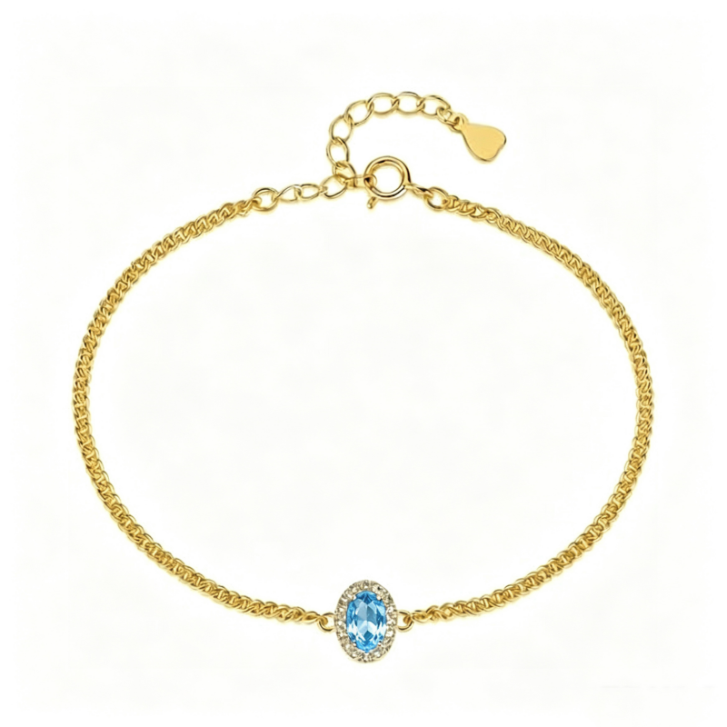 14K Gold Plated Halo Oval Birthstone Cuban Chain Bracelets for Her
