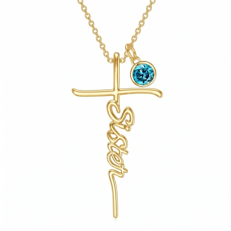 14K Gold Plated Birthstone Sister Cross  Pendant Necklace