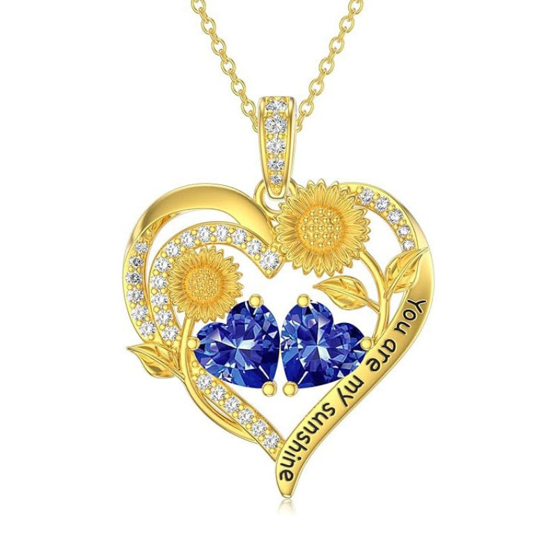 Double Birthstone Necklace 14K Gold Plated You Are My Sunshine Sunflower Necklace Heart Pendant Necklace