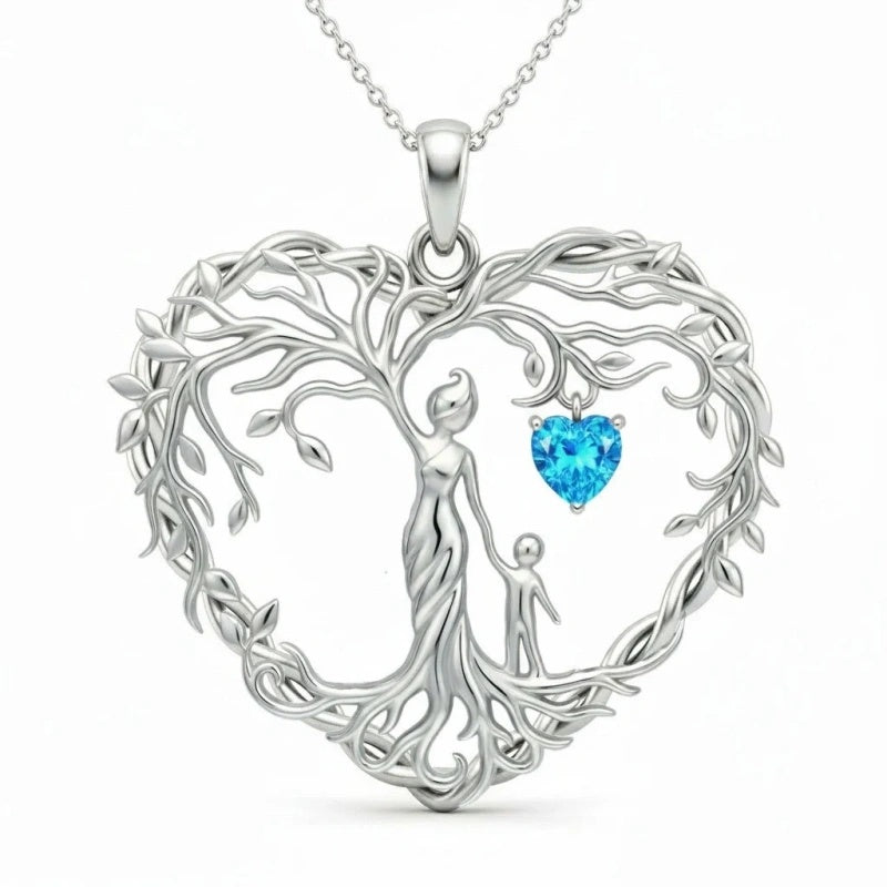 Sterling Silver Heart Pendant Birthstone Tree of Life Mother Child Family Necklace