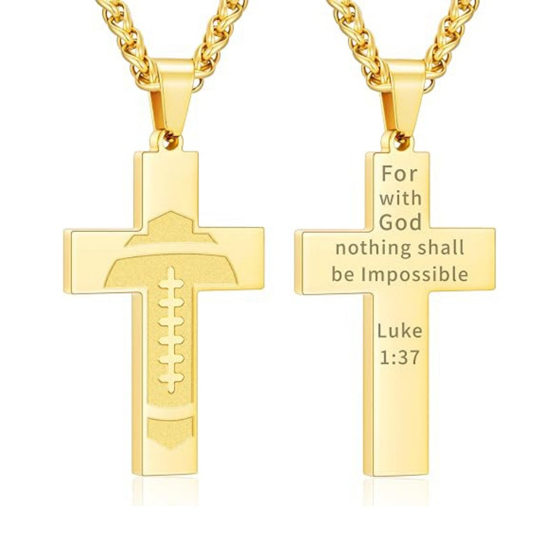 14K Gold Plated Bible Verse Football Cross Pendant Necklace