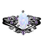 Sterling Silver Hexagon Gemstone Vintage Leaf Engagement Wedding Anniversary Ring Set