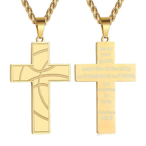 14K Gold Plated Bible Verse Basketball Cross Pendant Necklace for Men