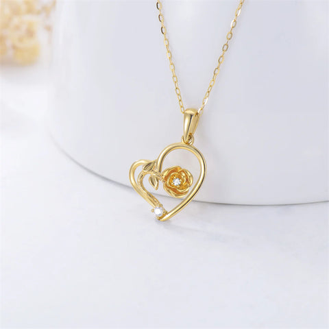 10K Solid Yellow Gold Rose Flower Pendant Necklace
