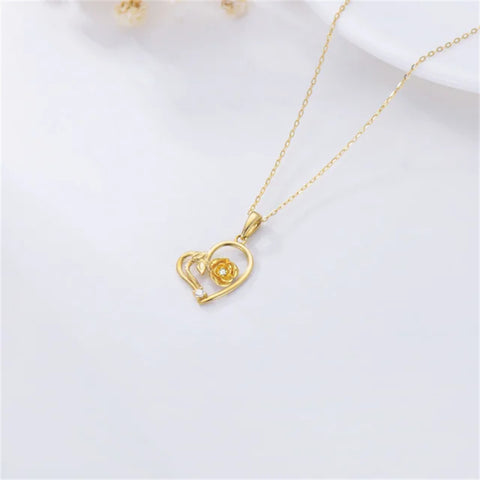 10K Solid Yellow Gold Rose Flower Pendant Necklace