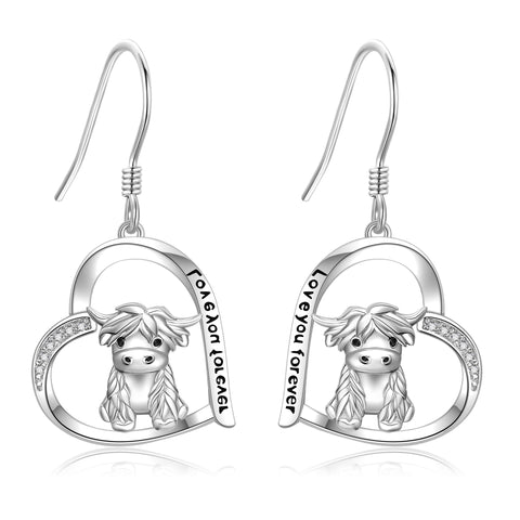 Sterling Sliver Highland Cow Stud  Dangle Earrings