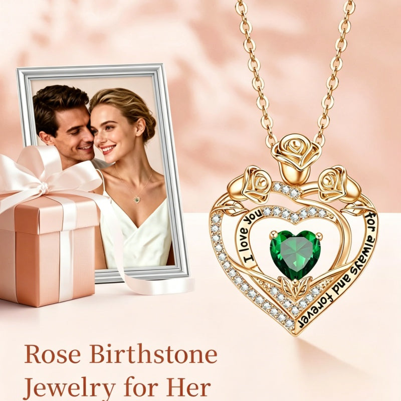 14K Gold Plated Rose Heart Birthstone Necklace for Women Engraved with I Love You for Always and Forever