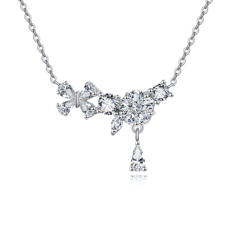 925 Sterling Silver Elegant Floral Zircon Necklace With Delicate Chain And Teardrop Pendant
