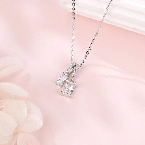 925 Sterling Silver Elegant Zircon Double Drop Pendant Necklace