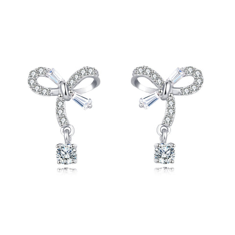 925 Sterling Silver Elegant Silver Bow Zircon Drop Earrings