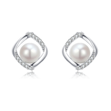 925 Sterling Silver Elegant Twisted Silver Pearl Earrings With Zircon-accented Studs