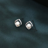925 Sterling Silver Elegant Twisted Silver Pearl Earrings With Zircon-accented Studs