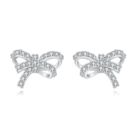 925 Sterling Silver Elegant Bow-shaped Silver Stud Earrings With Rhinestone Accents