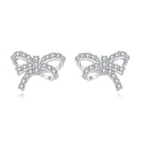925 Sterling Silver Elegant Bow-shaped Silver Stud Earrings With Rhinestone Accents