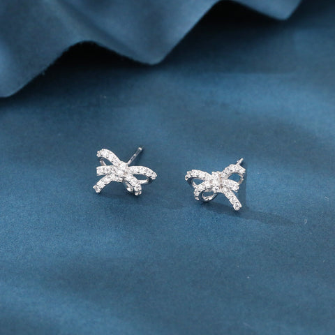925 Sterling Silver Elegant Bow-shaped Silver Stud Earrings With Rhinestone Accents