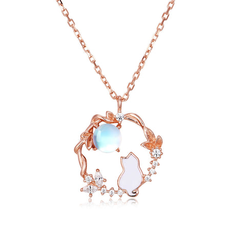 925 Sterling Silver Rose Gold Moonstone Necklace With Zircon-accented Cat Silhouette Pendant