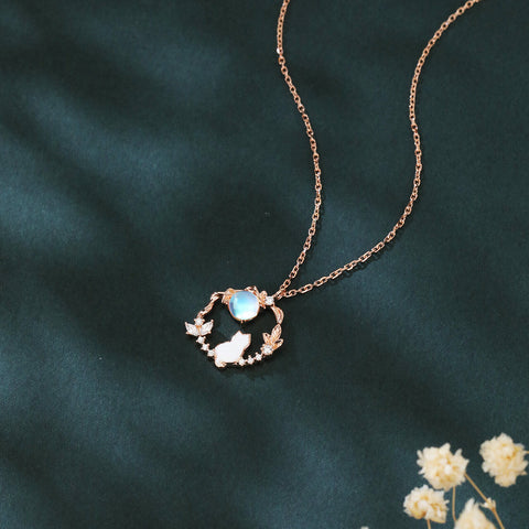 925 Sterling Silver Rose Gold Moonstone Necklace With Zircon-accented Cat Silhouette Pendant