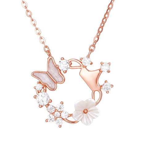 925 Sterling Silver Elegant Rose Gold Butterfly & Flower Necklace With Gemstone Accents