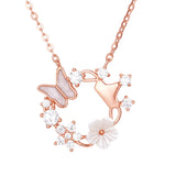 925 Sterling Silver Elegant Rose Gold Butterfly & Flower Necklace With Gemstone Accents