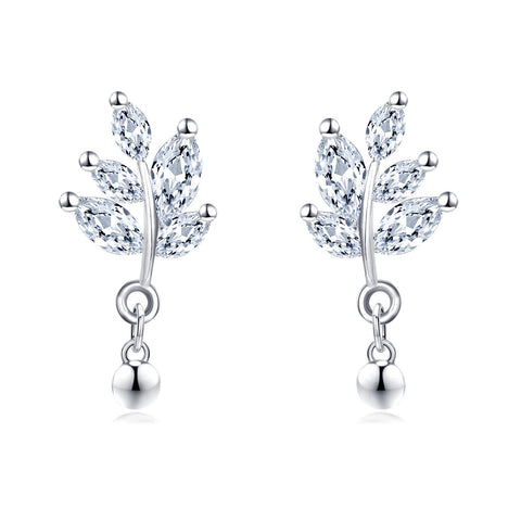 925 Sterling Silver Elegant Silver Crystal Leaf Earrings With Dangling Balls