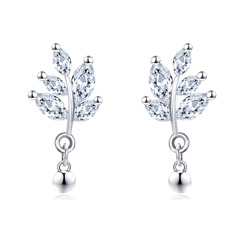 925 Sterling Silver Elegant Silver Crystal Leaf Earrings With Dangling Balls