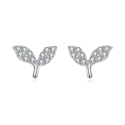 925 Sterling Silver Elegant Whale Tail Stud Earrings Silver Zircon-paved Delicate Jewelry