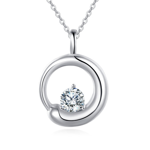 925 Sterling Silver Elegant Solitaire Zircon Circular Pendant Necklace